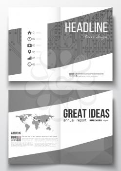 Set of business templates for brochure, magazine, flyer, booklet or annual report. Microchip background, electrical circuits, polygonal texture, scientific or digital design template
