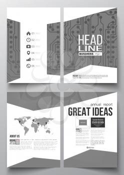 Set of business templates for brochure, magazine, flyer, booklet or annual report. Microchip background, electrical circuits, polygonal texture, connected lines, scientific or digital design template