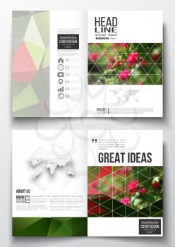 Set of business templates for brochure, magazine, flyer, booklet or annual report. Colorful polygonal floral background, blurred image, red flowers on green, modern triangular texture.
