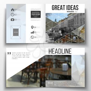 Set of annual report business templates for brochure, magazine, flyer or booklet. Polygonal background, blurred image, urban landscape, cityscape, modern triangular texture.