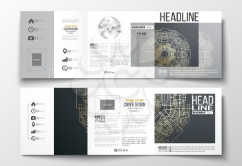 Set of tri-fold brochures, square design templates with element of world globe. Round golden technology pattern on dark background, mandala template with connecting lines and dots.