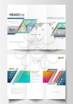 Tri-fold brochure business templates on both sides. Easy editable layout in flat style, vector illustration. Colorful design background with abstract shapes and waves, overlap effect