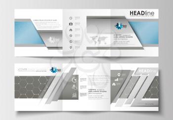 Set of business templates for tri-fold brochures. Square design. Leaflet cover, abstract flat layout, easy editable blank. Scientific medical research, chemistry pattern, hexagonal design molecule str