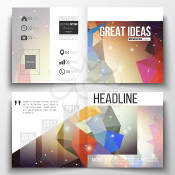 Vector set of square design brochure template. Molecular construction with connected lines and dots, scientific pattern on abstract colorful polygonal background, modern stylish triangle vector textur