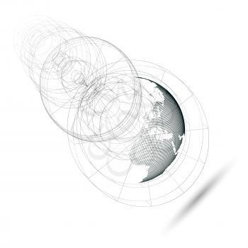 Isolated 3D dotted world globe with abstract construction, connecting lines on white background. Vector design, structure, shape, form, orbit, space station. Scientific research. Science, technology c