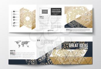 Set of tri-fold brochures, square design templates with element of world map. Golden microchip pattern, connecting dots and lines, connection structure. Digital scientific background