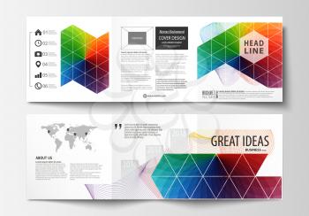 Set of business templates for tri fold square brochures. Leaflet cover, flat layout, easy editable vector. Colorful design background with abstract shapes and waves, overlap effect
