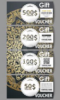 Set of modern gift voucher templates. Golden microchip pattern on dark background with connecting dots and lines, connection structure. Digital scientific vector.