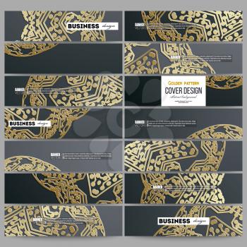 Set of modern vector banners. Golden microchip pattern on dark background with connecting dots and lines, connection structure. Digital scientific vector