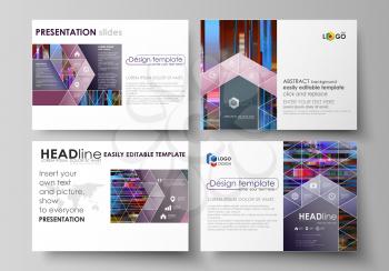 Set of business templates for presentation slides. Easy editable abstract layouts in flat design, vector illustration. Glitched background made of colorful pixel mosaic. Digital decay, signal error, t