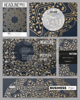 Set of business templates for presentation, brochure, flyer or booklet. Golden microchip pattern, abstract template, connecting dots and lines, connection structure. Digital scientific background.