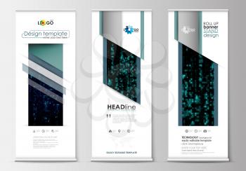 Set of roll up banner stands, flat design templates, abstract geometric style, modern business concept, corporate vertical vector flyers, flag banner layouts. Virtual reality, color code streams glowi