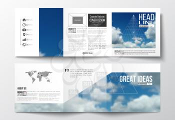 Set of tri-fold brochures, square design templates with element of world map. Beautiful blue sky, abstract geometric background with white clouds, leaflet cover, business layout, vector illustration.