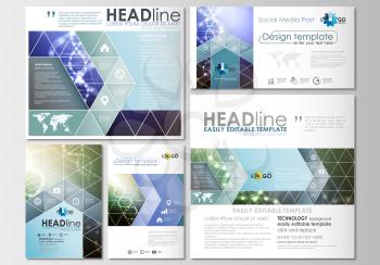 Social media posts set. Business templates. Cover design template, easy editable, abstract flat layouts in popular formats. DNA molecule structure, science background. Scientific research, medical tec