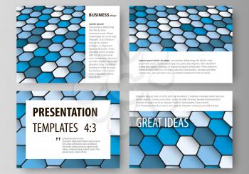 Set of business templates for presentation slides. Easy editable abstract vector layouts in flat design. Blue color hexagons in perspective. Abstract polygonal style modern background.