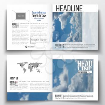 Set of square design brochure template. Beautiful blue sky, abstract background with white clouds, leaflet cover, business layout, vector illustration.