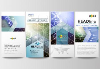 Flyers set, modern banners. Business templates. Cover design template, easy editable, abstract flat layouts. DNA molecule structure, science background. Scientific research, medical technology
