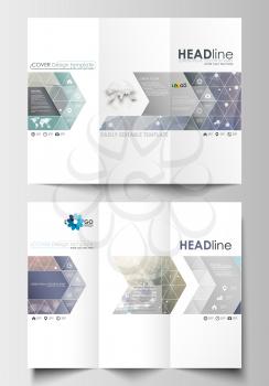 Tri-fold brochure business templates on both sides. Easy editable abstract layout in flat design. DNA molecule structure on blue background. Scientific research, medical technology.