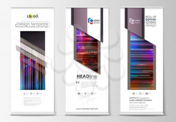 Set of roll up banner stands, flat design templates, abstract geometric style, modern business concept, corporate vertical vector flyers, flag banner layouts. Glitched background made of colorful pixe