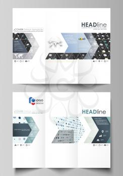 Tri-fold brochure business templates on both sides. Easy editable abstract vector layout in flat design. Abstract soft color dots with illusion of depth and perspective, dotted technology background. 