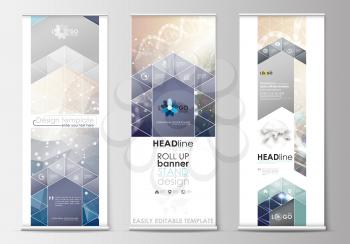 Set of roll up banner stands, flat design templates, abstract geometric style, modern business concept, corporate vertical vector flyers, flag banner layouts. DNA molecule structure on blue background