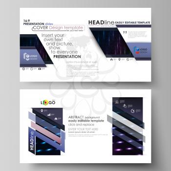 Business templates in HD format for presentation slides. Easy editable abstract vector layouts in flat design. Abstract colorful neon dots, dotted technology background. Glowing particles, led light p