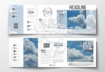 Set of tri-fold brochures, square design templates with element of world globe. Beautiful blue sky, abstract background with white clouds, leaflet cover, business layout, vector illustration