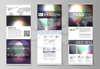 Set of roll up banner stands, flat design templates, abstract geometric style, modern business concept, corporate vertical vector flyers, flag layouts. Retro style, mystical Sci-Fi background. Futuris