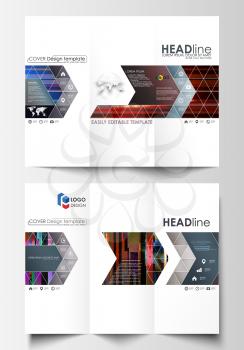 Tri-fold brochure business templates on both sides. Easy editable abstract layout in flat design, vector illustration. Glitched background made of colorful pixel mosaic. Digital decay, signal error, t