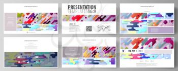 Business templates in HD format for presentation slides. Easy editable abstract vector layouts in flat design. Bright color lines and dots, colorful minimalist backdrop with geometric shapes forming b