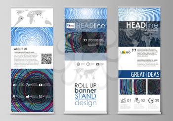 Set of roll up banner stands, flat design templates, abstract geometric minimalist style, modern business concept, corporate vertical vector flyers, flag layouts. Blue color background made from color
