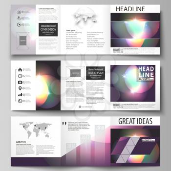 Set of business templates for tri fold square design brochures. Leaflet cover, abstract flat layout, easy editable vector. Retro style, mystical Sci-Fi background. Futuristic trendy design.