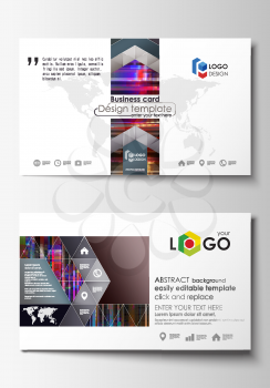 Business card templates. Easy editable layout, abstract flat design template, vector illustration. Glitched background made of colorful pixel mosaic. Digital decay, signal error, television fail. Tren