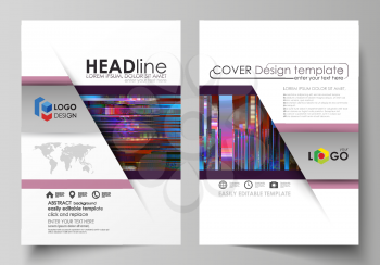 Business templates for brochure, magazine, flyer, annual report. Cover design template, abstract vector layout in A4 size. Glitched background made of colorful pixel mosaic. Digital decay, signal erro