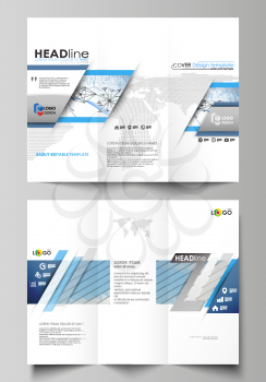 Tri-fold brochure business templates on both sides. Easy editable abstract vector layout in flat design. Blue color abstract infographic background in minimalist style made from lines, symbols, charts