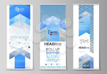 Set of roll up banner stands, flat design templates, abstract geometric style, modern business concept, corporate vertical vector flyers, flag layouts. Blue color abstract infographic background in mi
