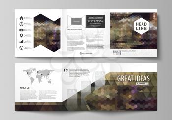 Set of business templates for tri fold square design brochures. Leaflet cover, abstract flat layout, easy editable vector. Abstract multicolored backgrounds. Geometrical patterns. Triangular and hexag