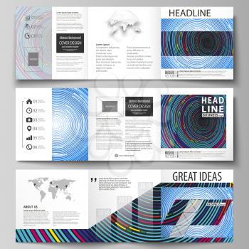 Set of business templates for tri fold square design brochures. Leaflet cover, abstract flat layout, easy editable vector. Blue color background in minimalist style made from colorful circles