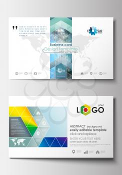 Business card templates. Cover design template, easy editable blank, abstract flat layout. Abstract triangles, blue triangular background, modern colorful polygonal vector.