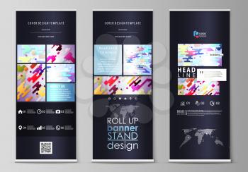 Set of roll up banner stands, flat design templates, abstract geometric style, modern business concept, corporate vertical vector flyers, flag layouts. Bright color lines and dots, colorful minimalist