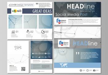 Social media posts set. Business templates. Easy editable abstract flat design template, vector layouts in popular formats. Geometric blue color background, molecule structure, science concept. Connec