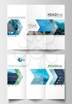 Tri-fold brochure business templates on both sides. Flat design blue color travel decoration layout, easy editable vector template, colorful blurred natural landscape