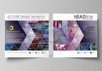 Business templates for square design brochure, magazine, flyer, booklet. Leaflet cover, abstract vector layout. Glitched background made of colorful pixel mosaic. Digital decay, signal error, televisi