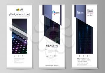 Set of roll up banner stands, flat design templates, abstract geometric style, modern business concept, corporate vertical vector flyers, flag layouts. Abstract colorful neon dots, dotted technology b