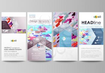 Flyers set, modern banners. Business templates. Cover design template, easy editable abstract vector layouts. Bright color lines and dots, colorful minimalist backdrop with geometric shapes forming be