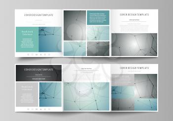 Set of business templates for tri fold square design brochures. Leaflet cover, abstract flat layout, easy editable vector. Geometric background, connected line and dots. Molecular structure. Scientifi