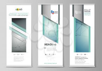 Set of roll up banner stands, flat design templates, abstract geometric style, modern business concept, corporate vertical vector flyers, flag layouts. Geometric background, connected line and dots. M