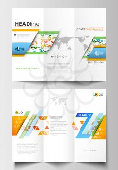 Tri-fold brochure business templates on both sides. Easy editable abstract layout in flat design. Abstract triangles, triangular background, modern colorful polygonal vector.