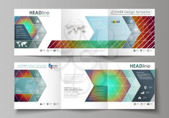 Set of business templates for tri fold square design brochures. Leaflet cover, abstract flat layout, easy editable vector. Minimalistic design with circles, diagonal lines. Geometric shapes forming be