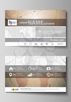 The minimalistic abstract vector illustration of the editable layout of two creative business cards design templates. Global network connections, technology background with world map
